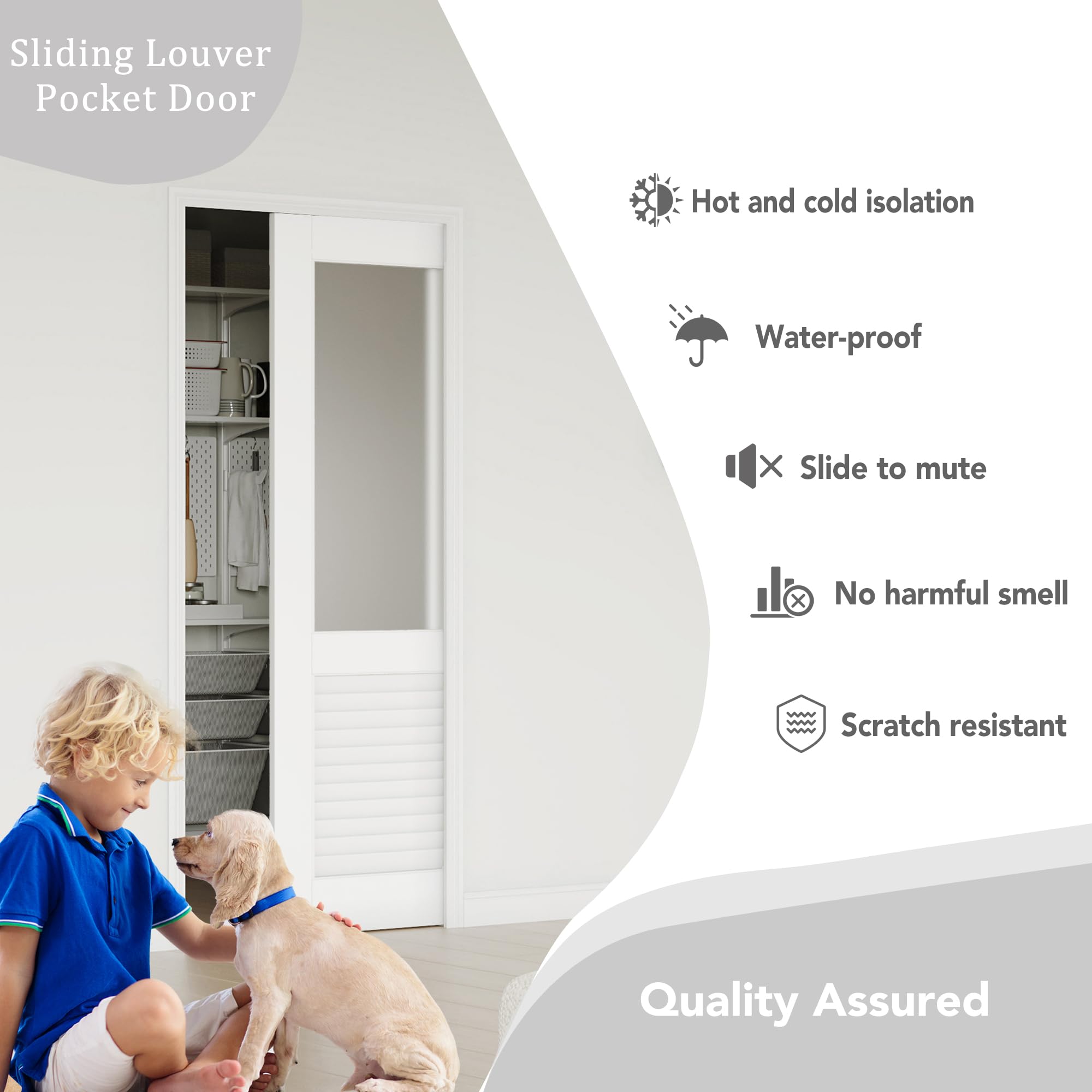 TENONER White Half Lite Frosted Glass and Half Louver Sliding Pocket Door with Hardware