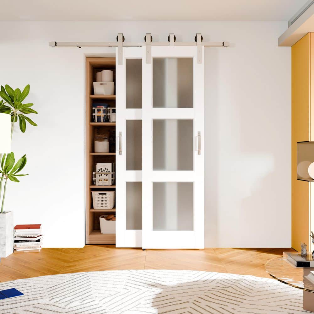 TENONER White MDF 3-Lite Frosted Glass Bypass Barn Door for Bedroom, Living Room,Laundry (DIY Painted)