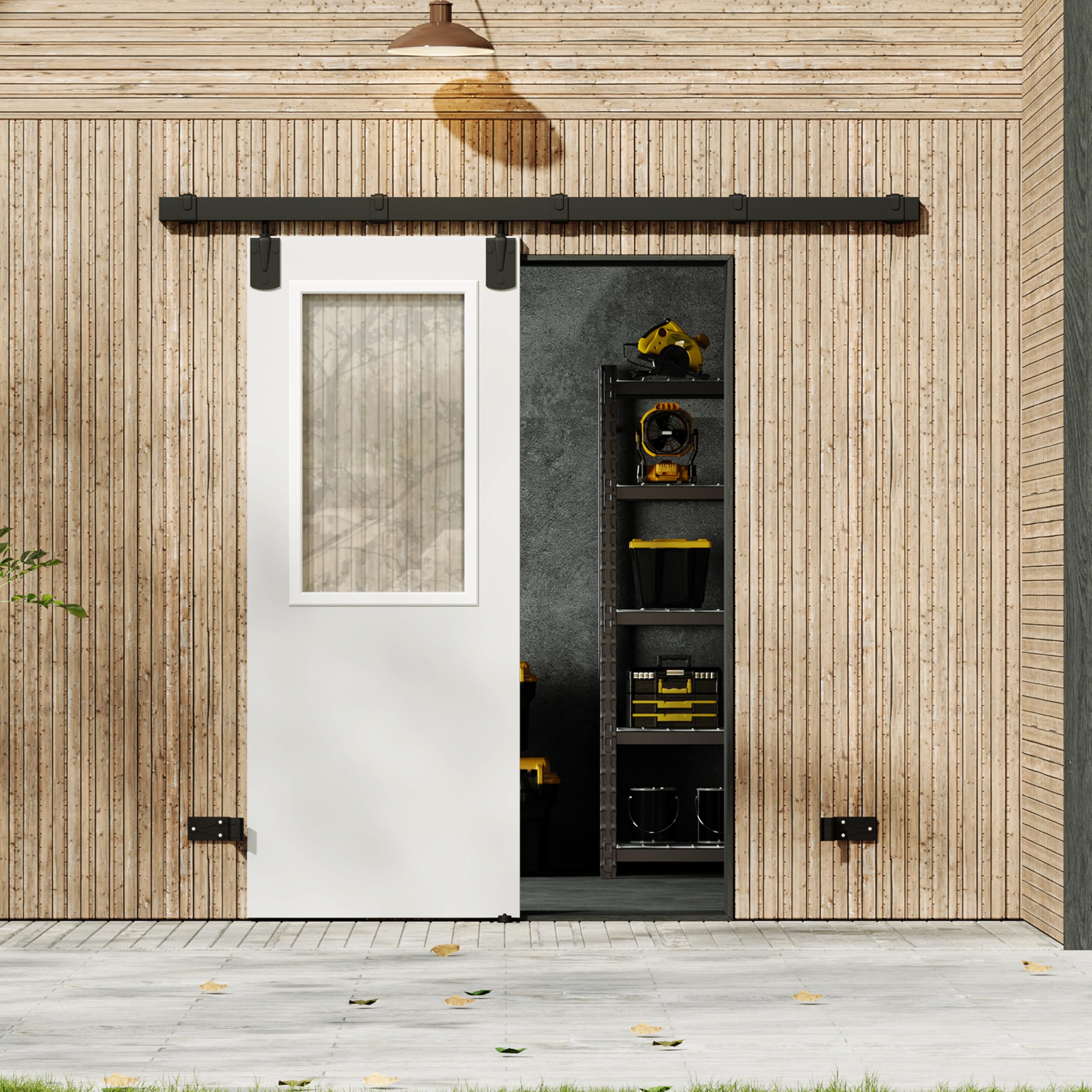 TENONER White Primed 1-Lite Clear Glass Exterior Sliding Barn Door without Large Pet Door