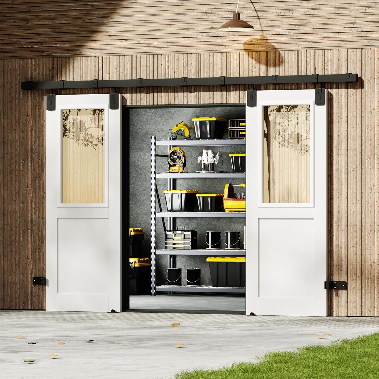 TENONER White Primed 1-Lite Clear Glass Exterior Sliding Barn Door without Large Pet Door