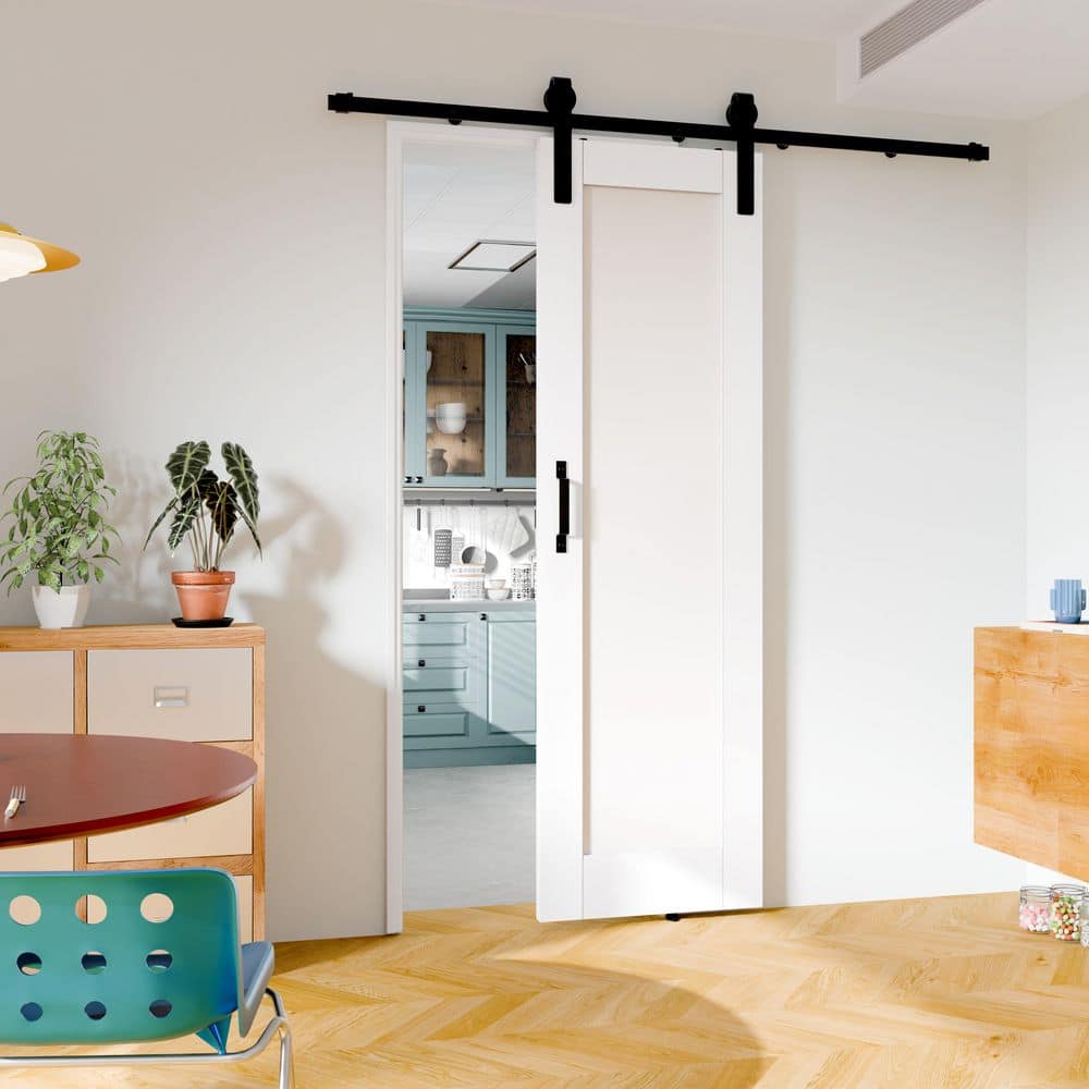 TENONER White Primed 1-Panel Core Sliding Barn Door with Hardware Kit