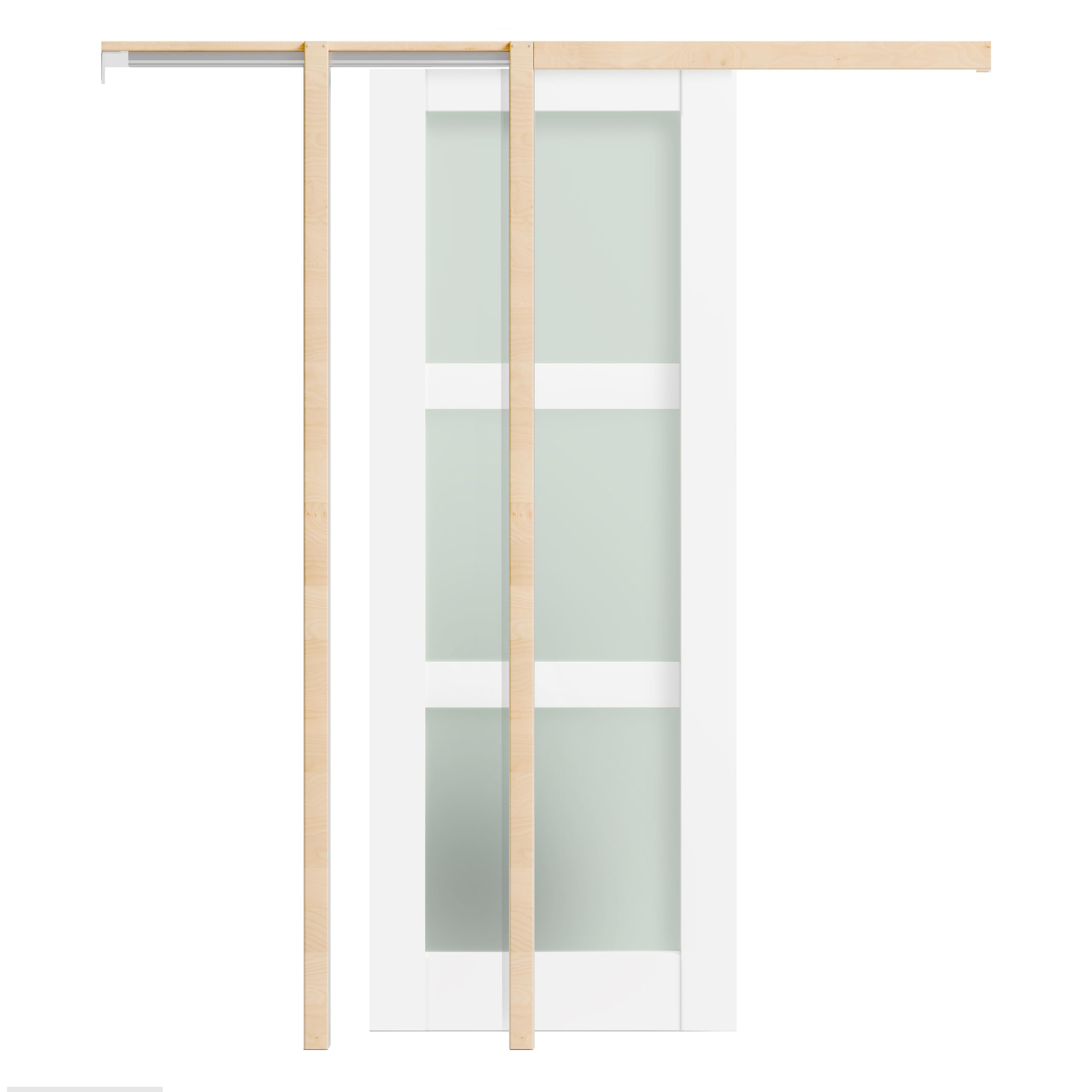 TENONER White Primed 3-Lite Frosted Glass Interior Sliding Pocket Door with Hardware Kit
