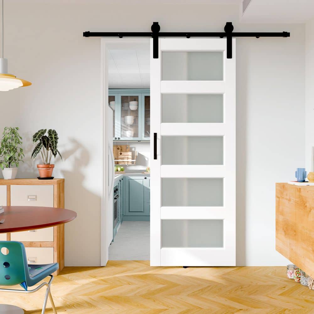 TENONER White Primed 5-Lite Frosted Glass Solid Core Sliding Barn Door