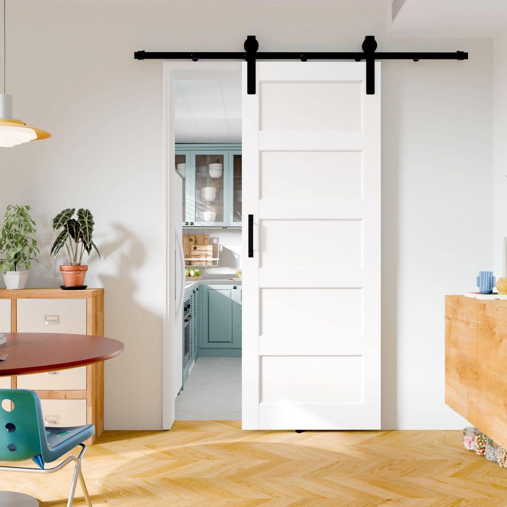 TENONER White Primed 5-Panel Core Sliding Barn Door with Hardware Kit