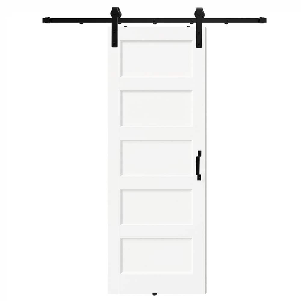 TENONER White Primed 5-Panel Core Sliding Barn Door with Hardware Kit