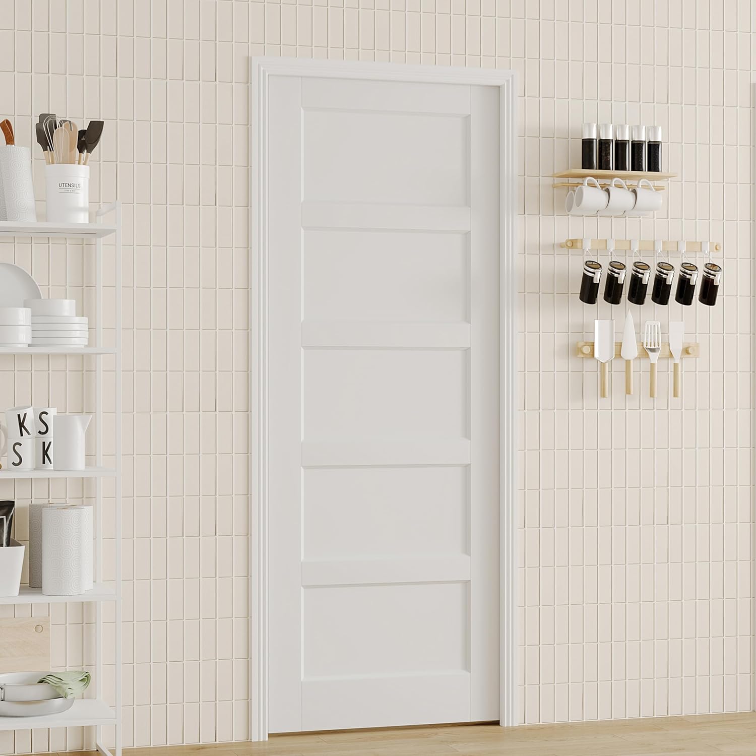 TENONER White Primed 5-Panel Core Sliding Pocket Door with Hardware Kit