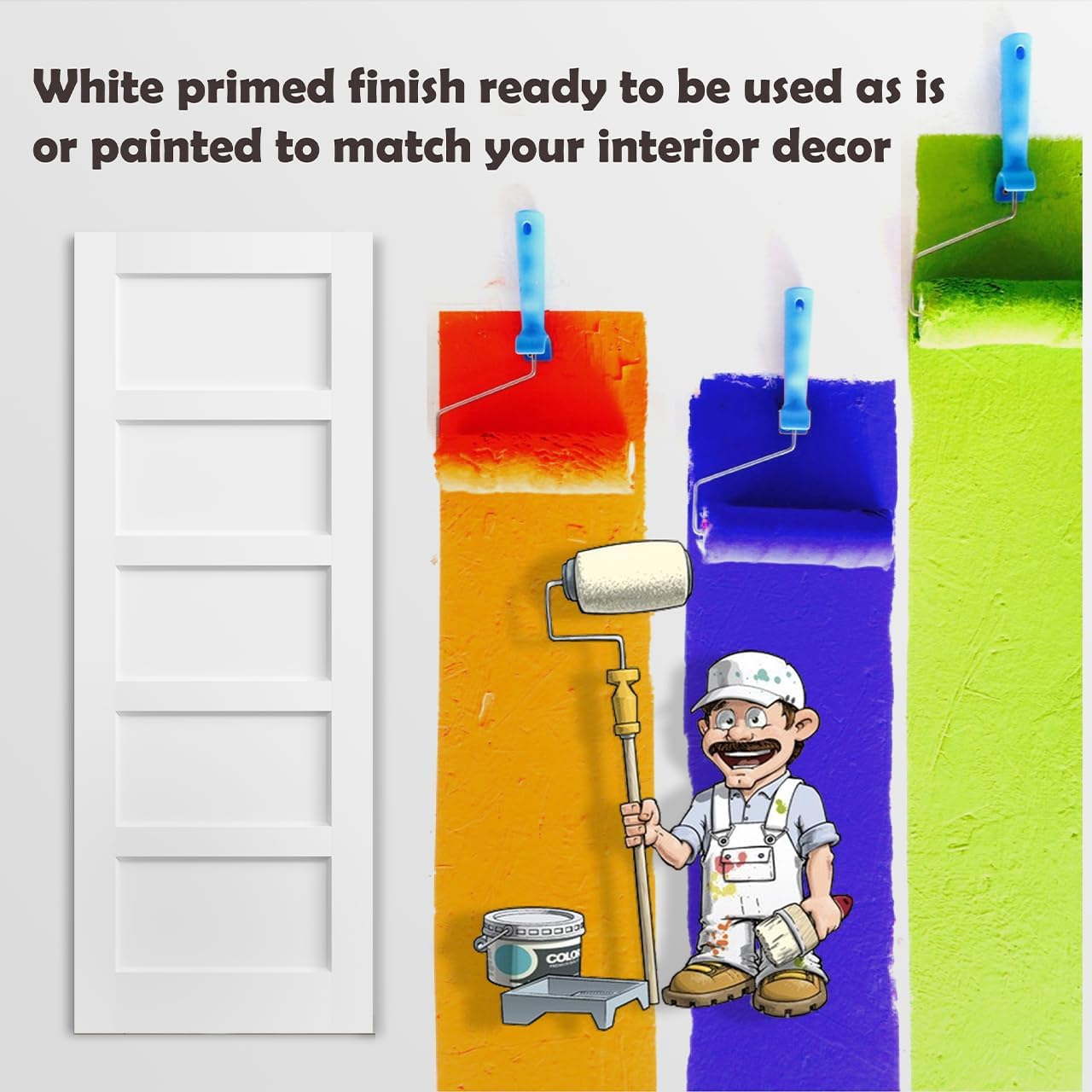 TENONER White Primed 5-Panel Core Sliding Pocket Door with Hardware Kit