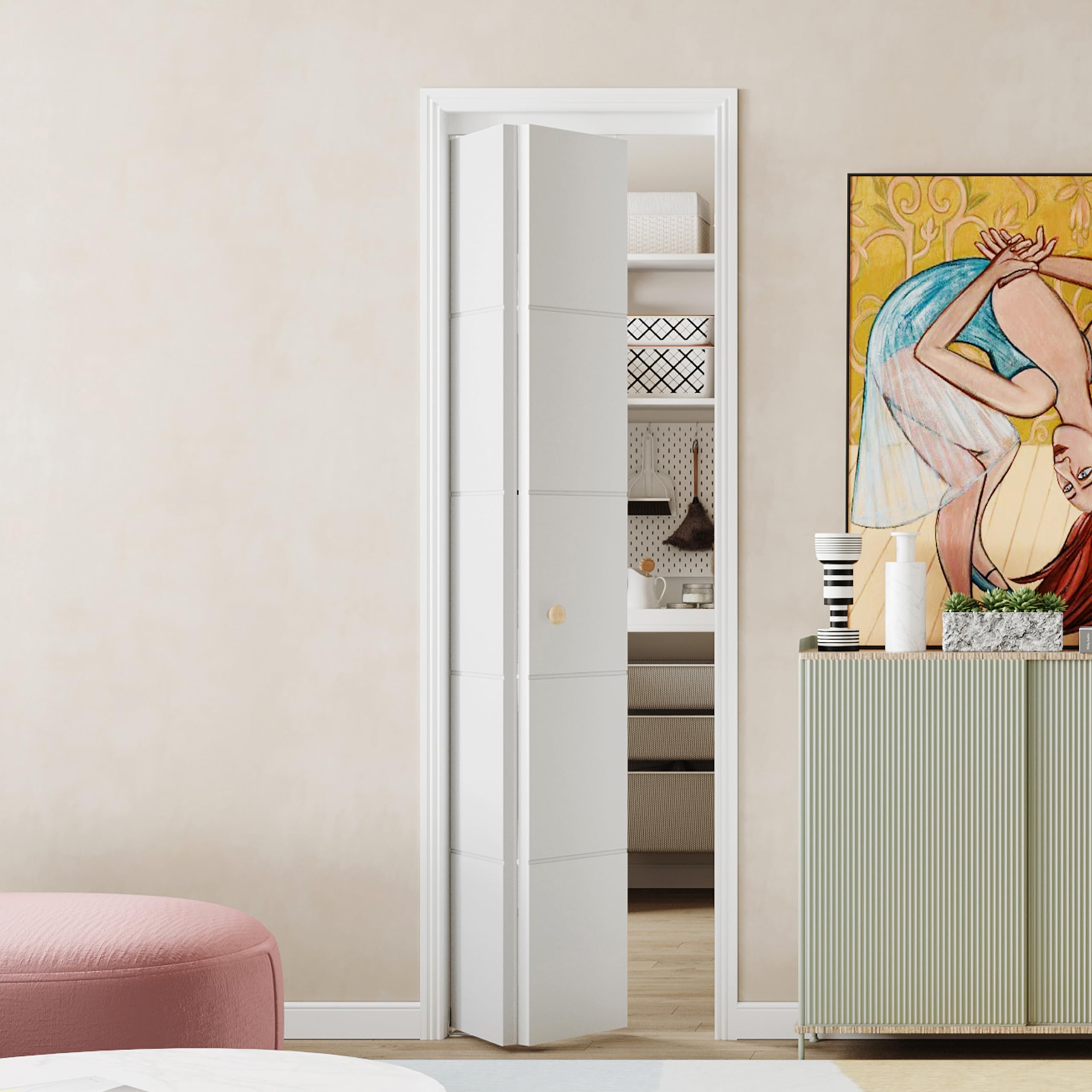 TENONER White Primed 5-Panel Hollow Core Bifold Door with Hardware Kits