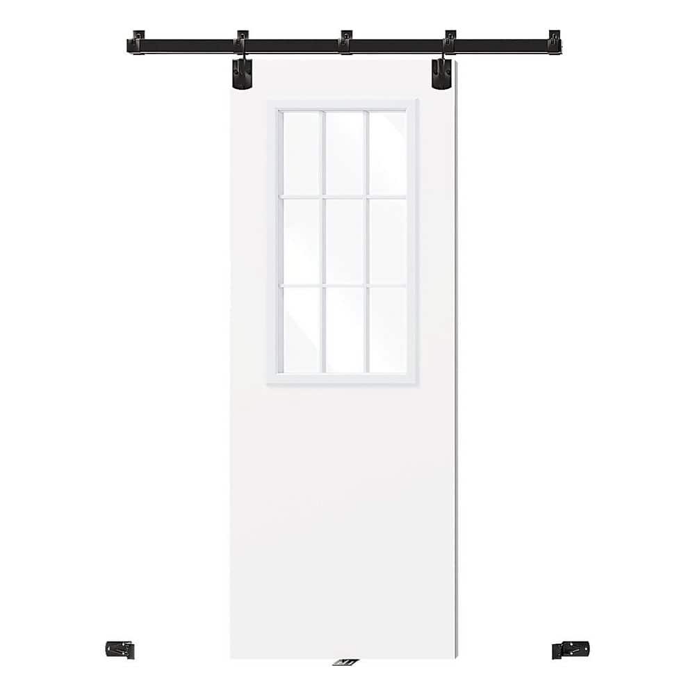 TENONER White Primed 9-Lite Clear Glass Exterior Sliding Barn Door without Pet Door, Ideal for Entrance, Durable Construction, No Hinges or Handles Included