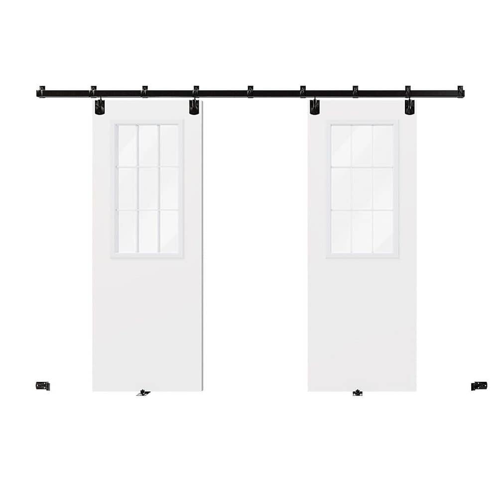 TENONER White Primed 9-Lite Clear Glass Exterior Sliding Barn Door without Pet Door, Ideal for Entrance, Durable Construction, No Hinges or Handles Included