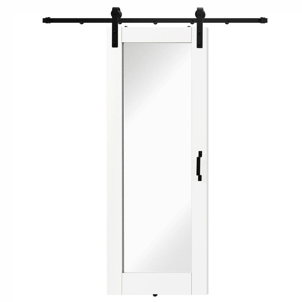TENONER White Primed Border 1-Lite Mirror Interior Sliding Barn Door