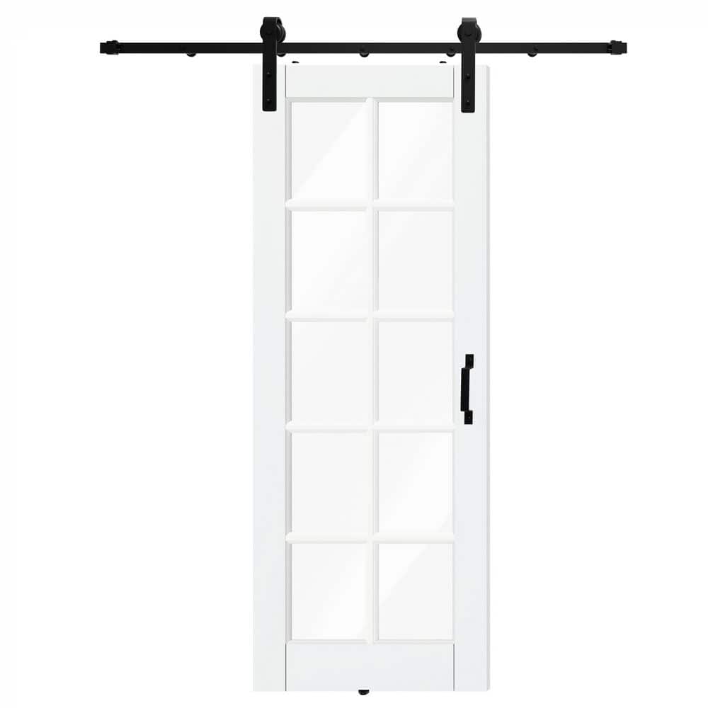 TENONER White Primed Finished MDF 10-Lite Clear Glass Sliding Barn Door Slab for Living Room, Bedroom, Hallway