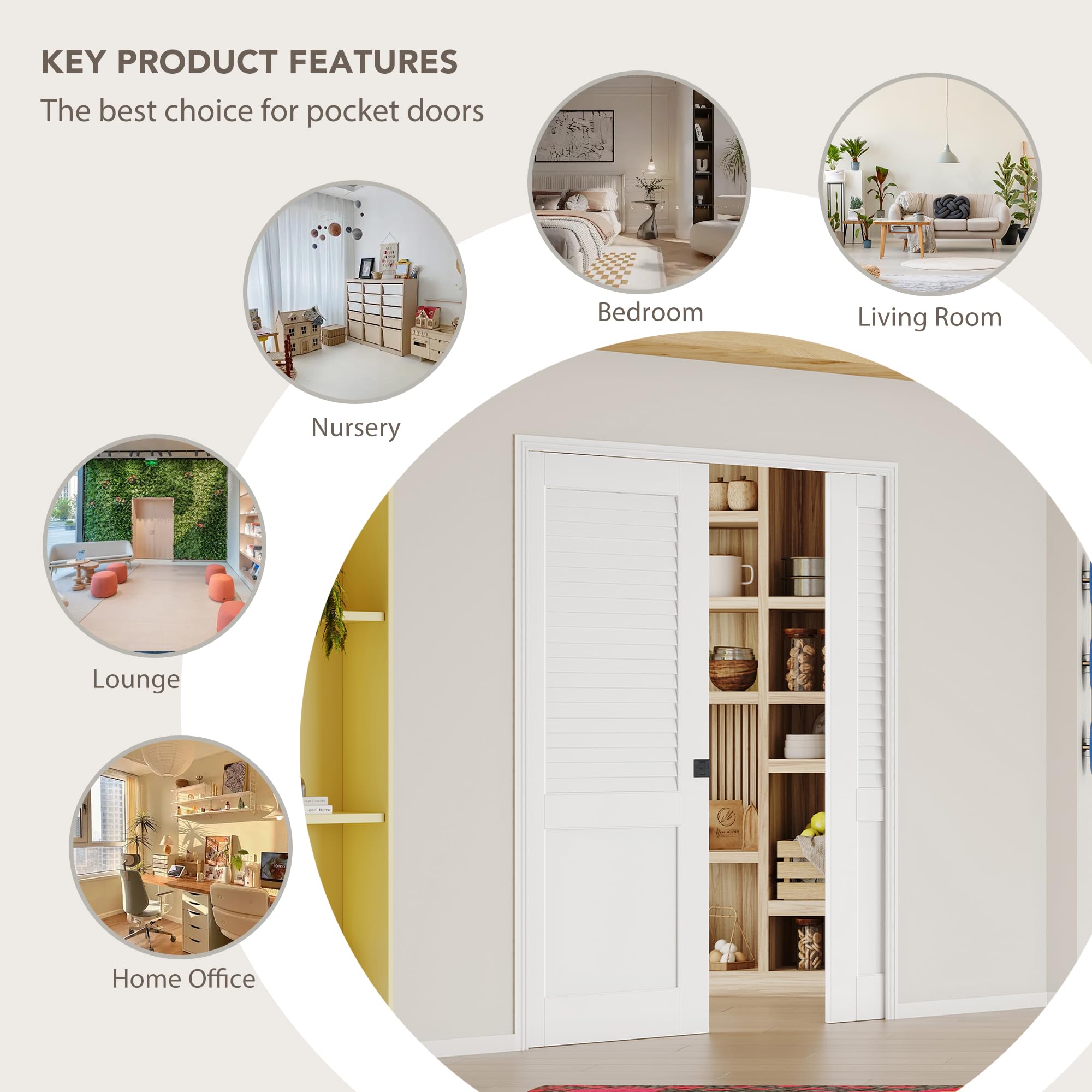 TENONER White Upper Half-Panel Louvered and Lower Half Core Interior Sliding Pocket Door
