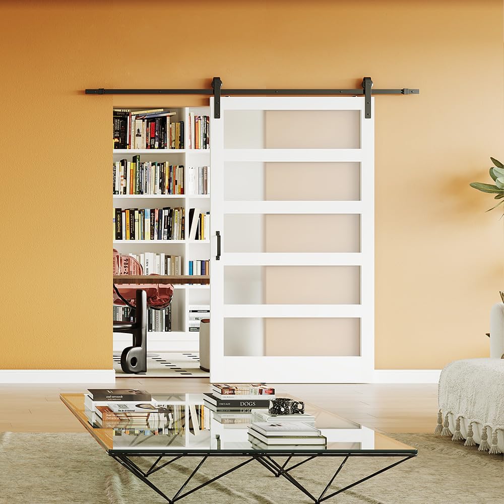 TENONER White 5-Panel Frosted Glass Sliding Barn Door | Solid Wood and MDF Door Panel, Waterproof PVC Surface