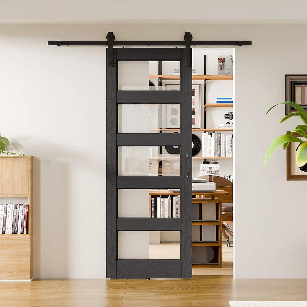 TENONER Black 5-Lite Clear Tempered Glass Sliding Barn Door with Accessories
