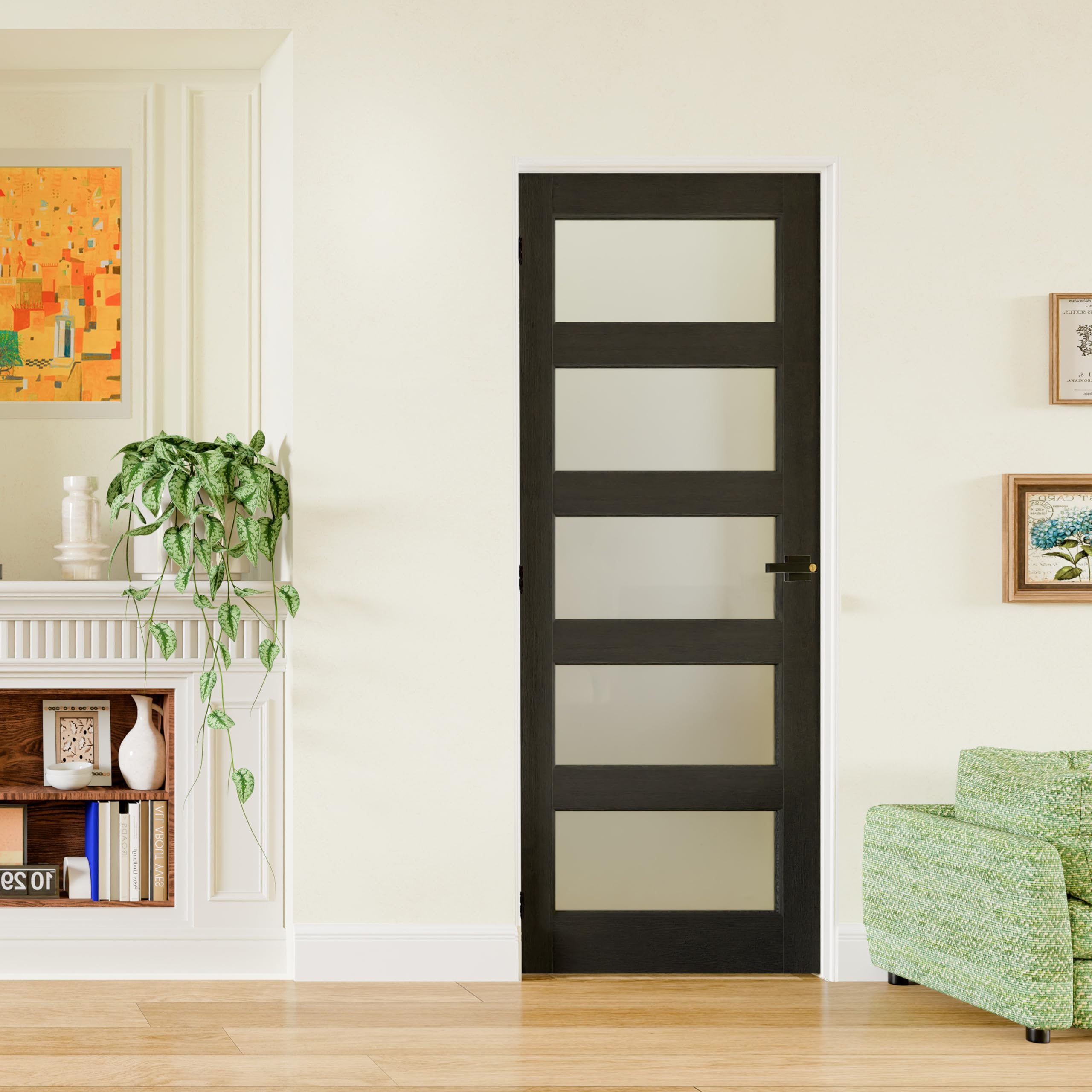 TENONER Black MDF 5-Lite Frosted Glass Interior Door Slab for Living Room, Bedroom, Hallway