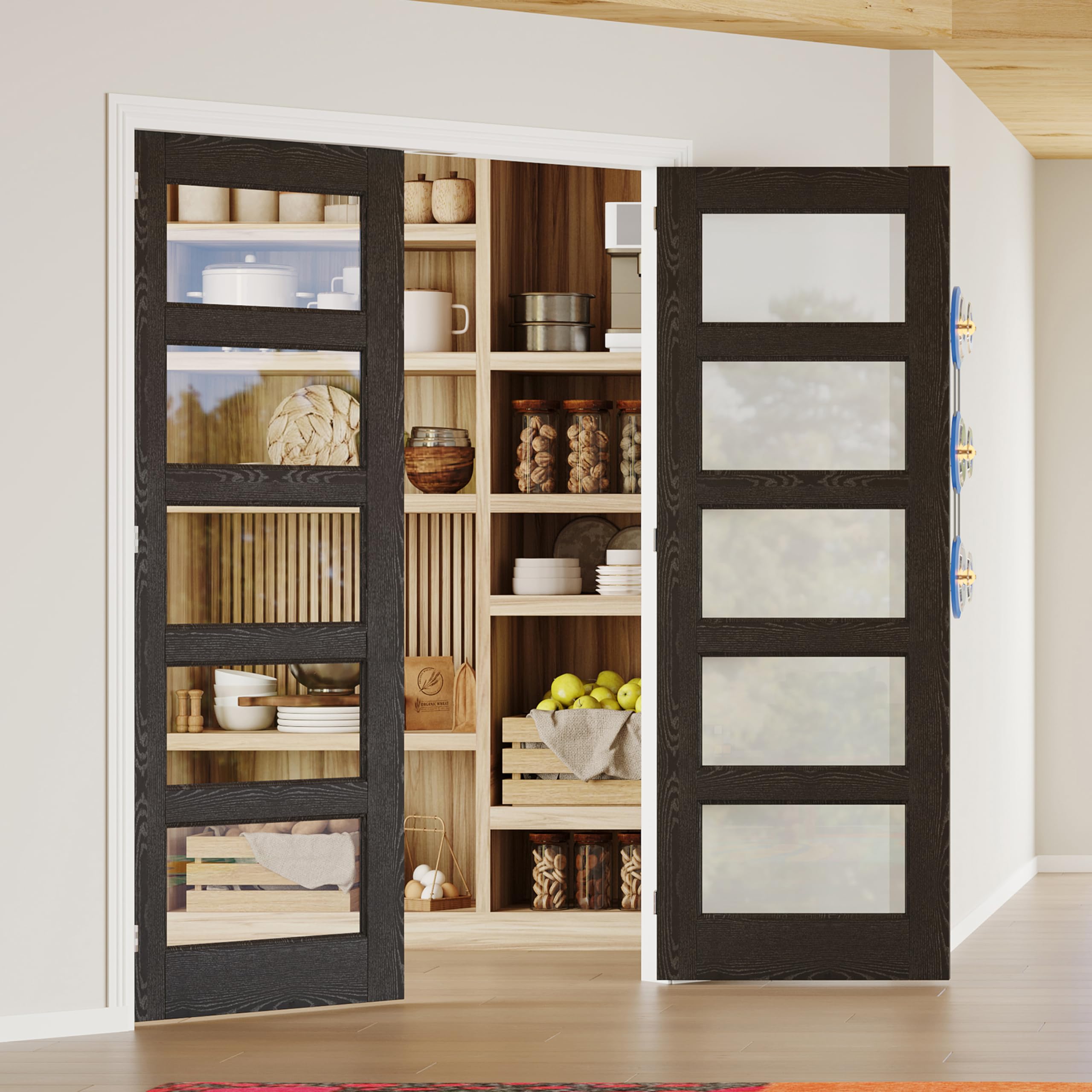 TENONER Black MDF 5-Lite Clear Glass Slab / Prehung Interior French Door