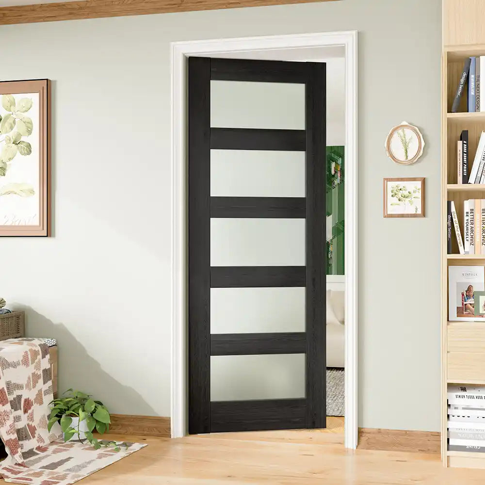 TENONER Black MDF 5-Lite Frosted Glass Interior Door Slab for Living Room, Bedroom, Hallway