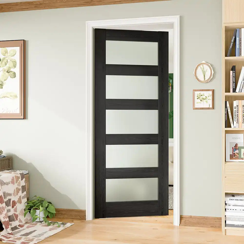 TENONER Black MDF 5-Lite Frosted Glass Interior Door Slab for Living Room, Bedroom, Hallway