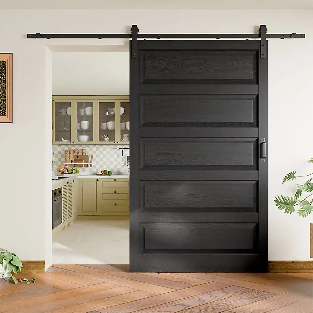 TENONER Black MDF Modern 5-Panel Waterproof PVC Surface Sliding Barn Door with Hardware