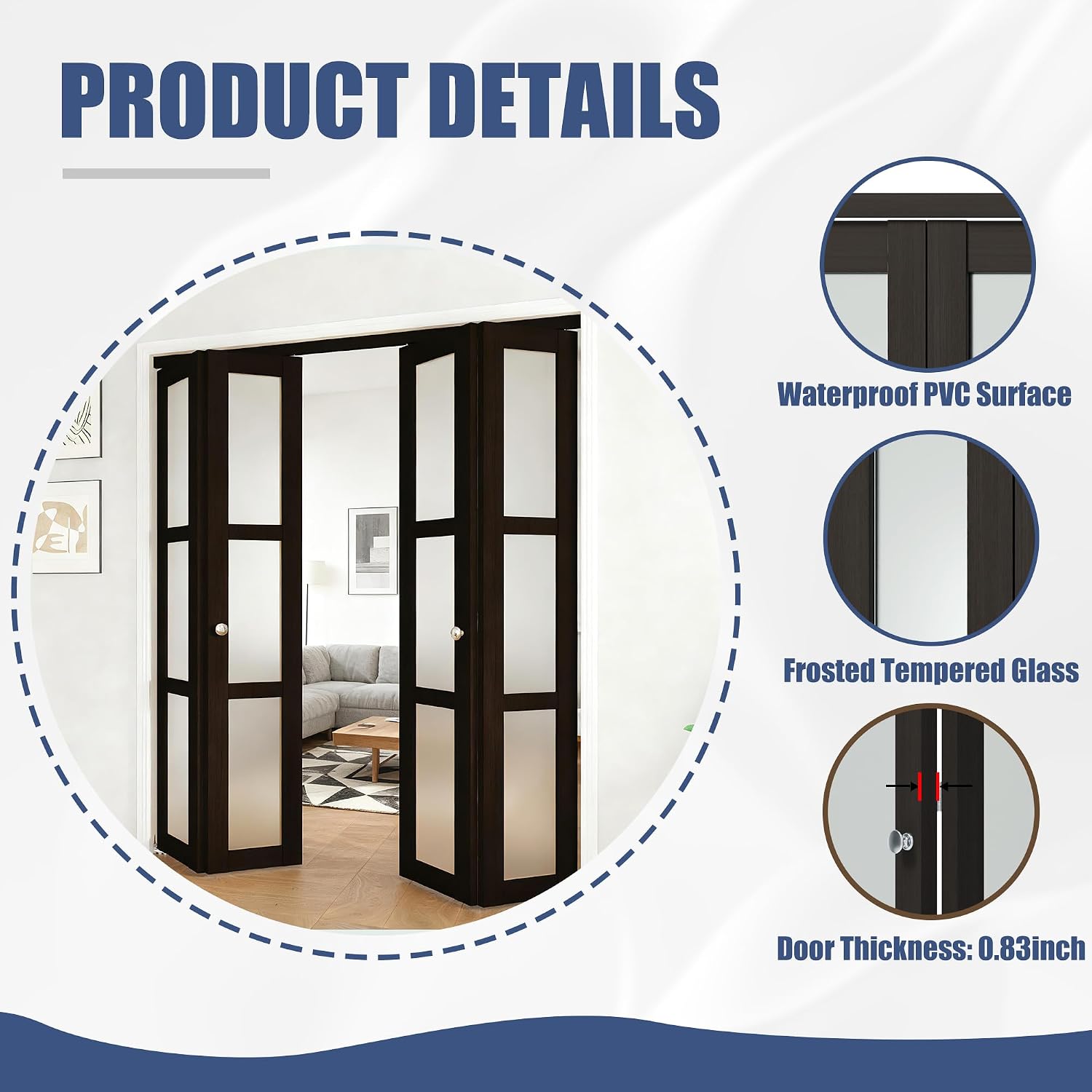 TENONER Dark Brown MDF 3-lite Tempered Frosted Glass Bifold Door with Hardware Kit