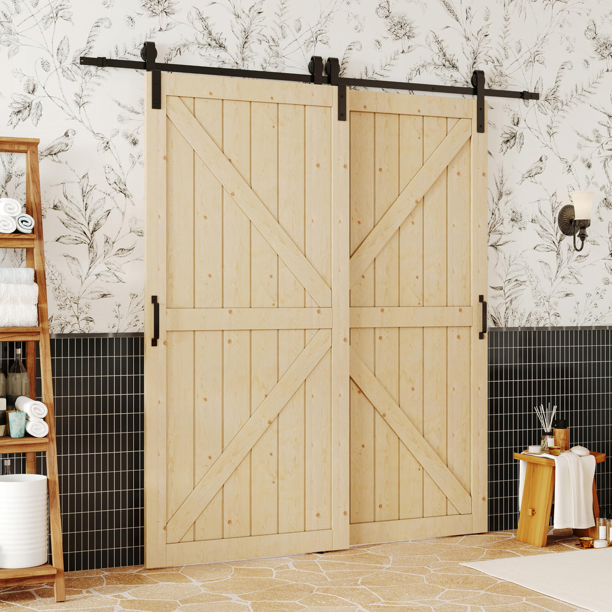 TENONER Pine K-Frame Double Exterior Bypass Barn Door with Hardware