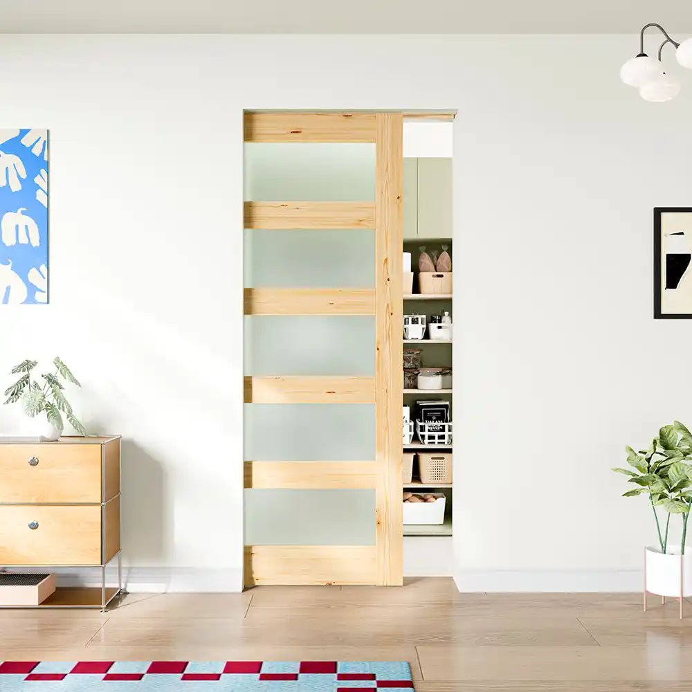TENONER Pine Wood 5-Lite Frosted Glass Pocket Door with Hardware & Soft Closefor Bedroom, Bathroom, Closet