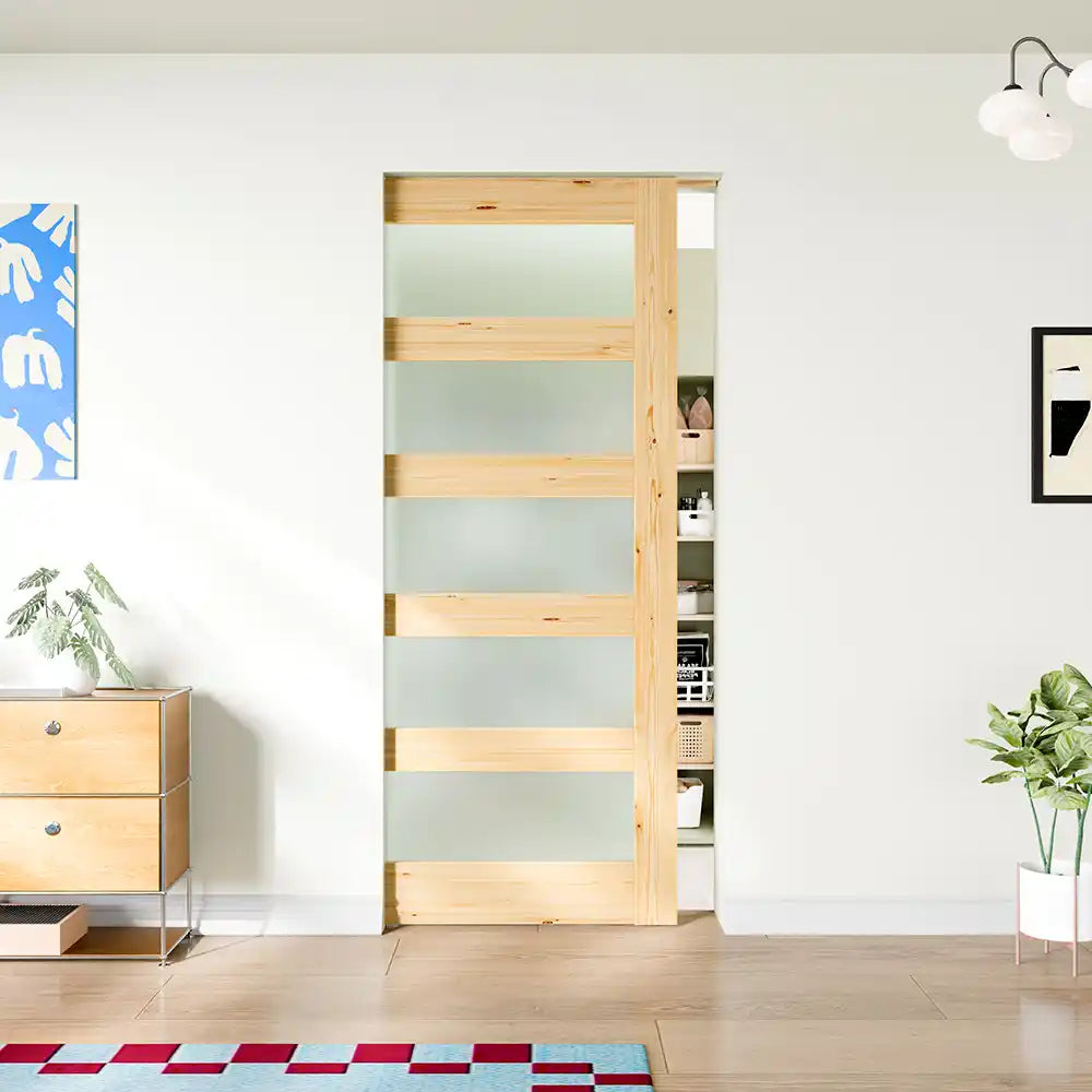 TENONER Pine Wood 5-Lite Frosted Glass Pocket Door with Hardware & Soft Closefor Bedroom, Bathroom, Closet