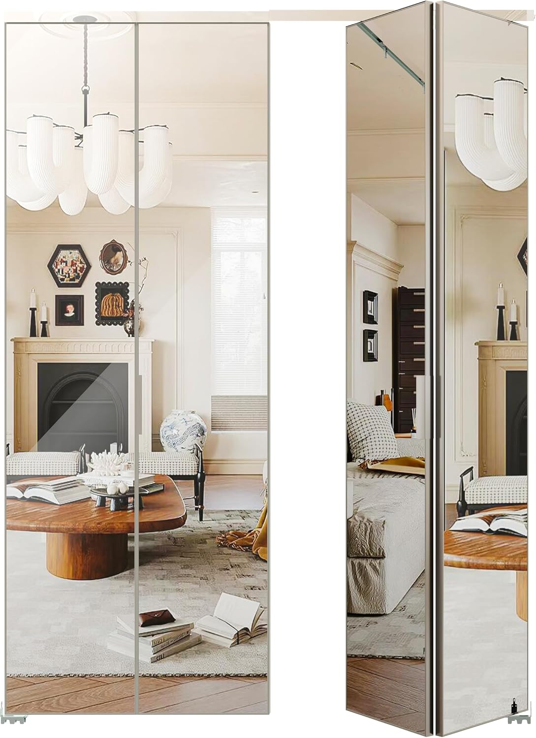 TENONER Silver Aluminum Frame Mirrored Glass Bi-Fold Interior Door for Closet, Bedroom, Laundry Room - Brightening Effect, Perfect for Dressing Design with Hardware Kits