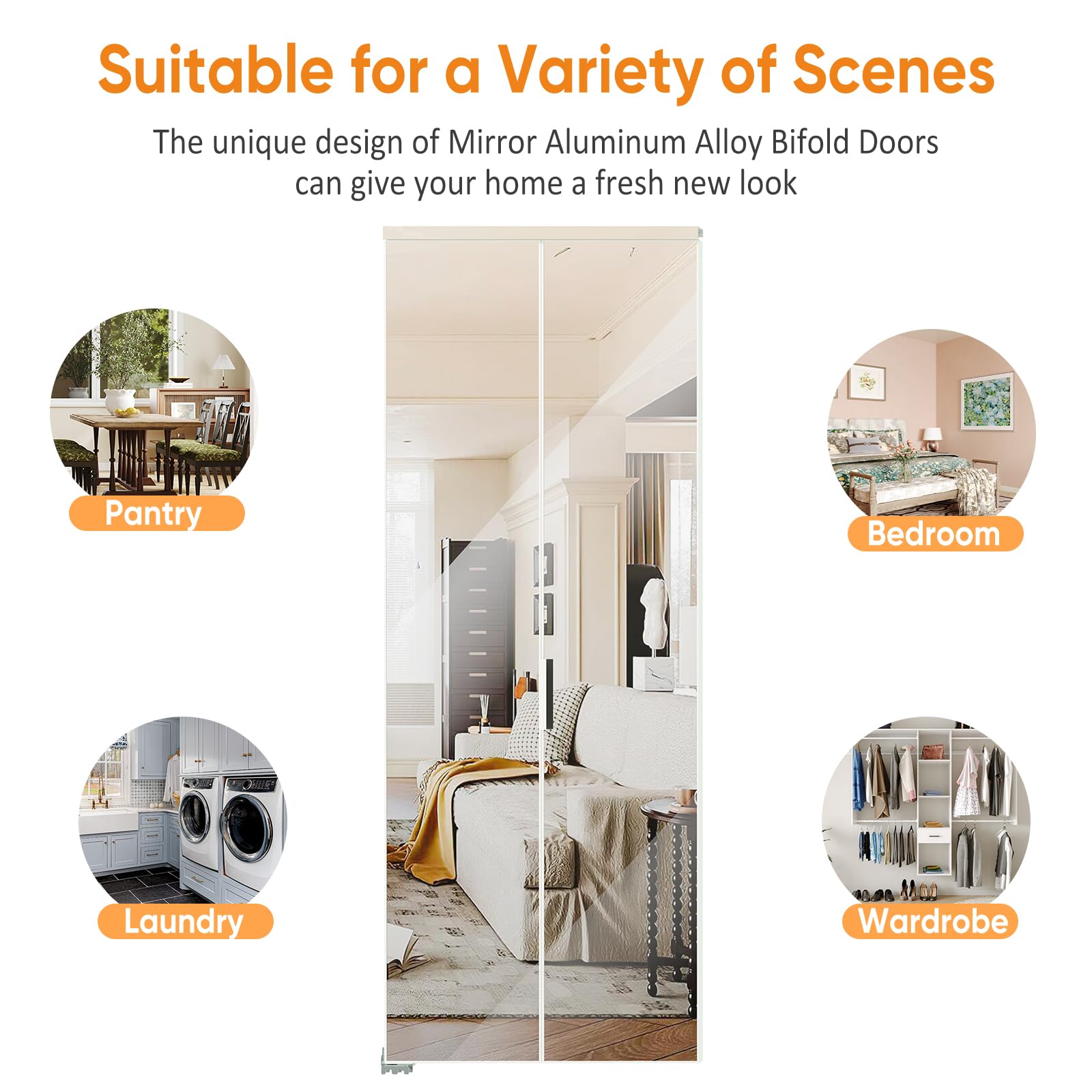 TENONER Silver Aluminum Frame Mirrored Glass Bi-Fold Interior Door for Closet, Bedroom, Laundry Room - Brightening Effect, Perfect for Dressing Design with Hardware Kits