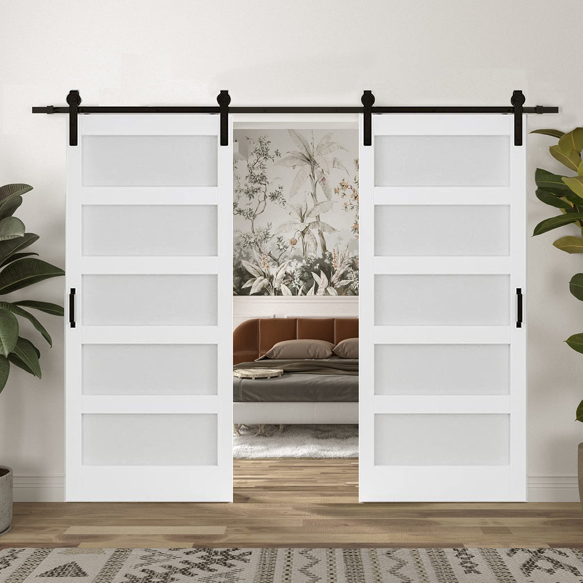 TENONER White 5-Panel Frosted Glass Sliding Barn Door | MDF Door Panel, Waterproof Surface