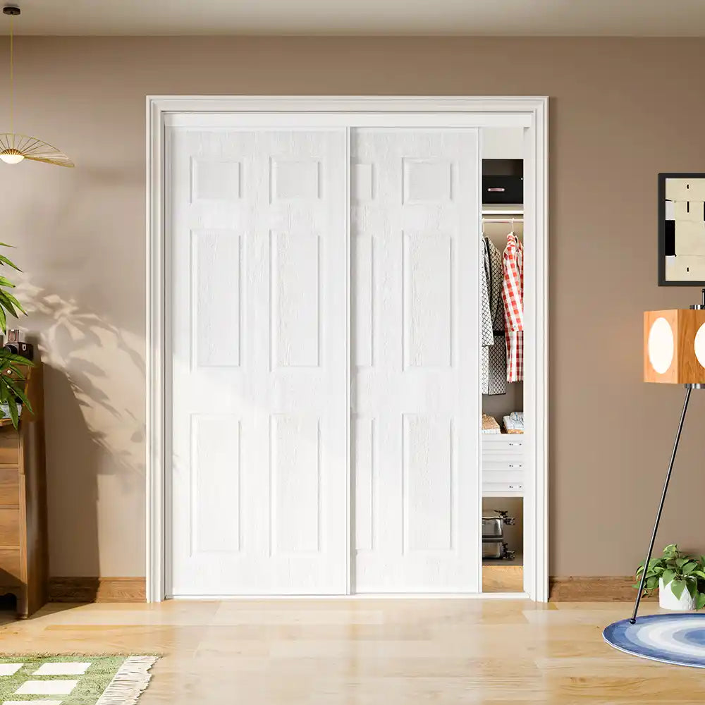 TENONER White 6-Panel Hollow Sliding Closet Door with Top and Bottom Track & Complete Hardware Kit - Paintable