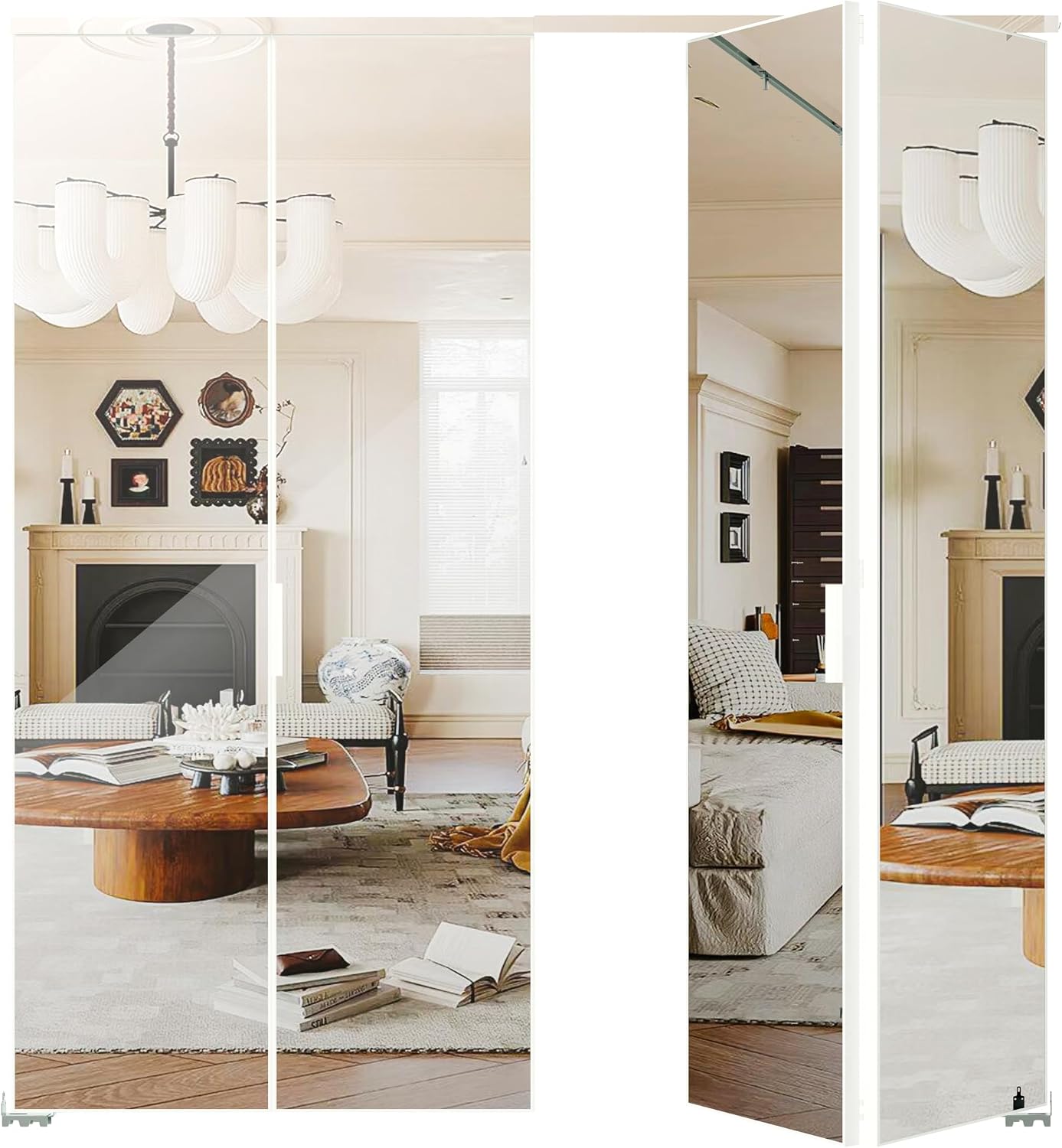 TENONER White Aluminum Frame Mirrored Glass Bi-Fold Interior Door for Closet, Bedroom, Laundry Room - Brightening Effect, Perfect for Dressing Design with Hardware Kits