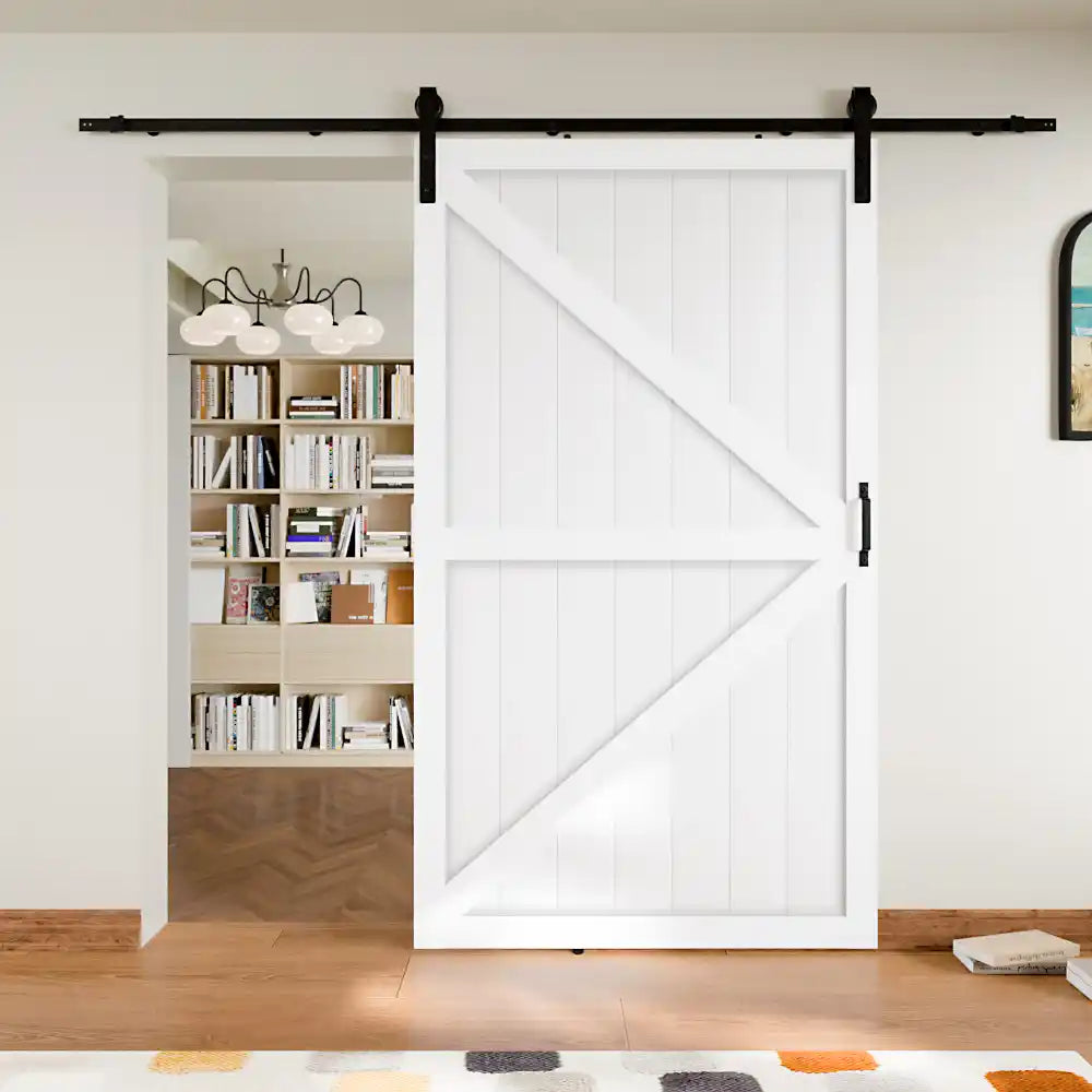 TENONER White Primed Finished K Design Solid Core MDF Sliding Barn Door with Hardware