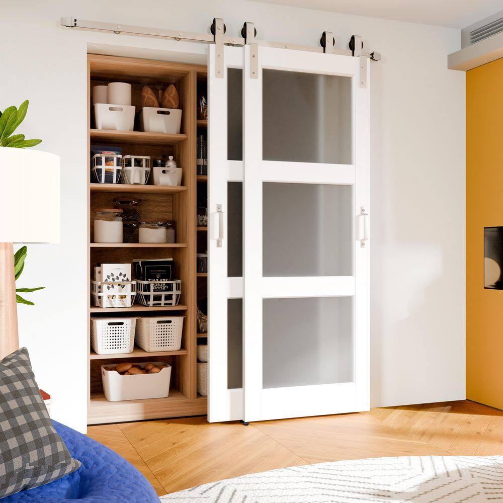 TENONER White MDF 3-Lite Frosted Glass Bypass Barn Door for Bedroom, Living Room,Laundry (DIY Painted)