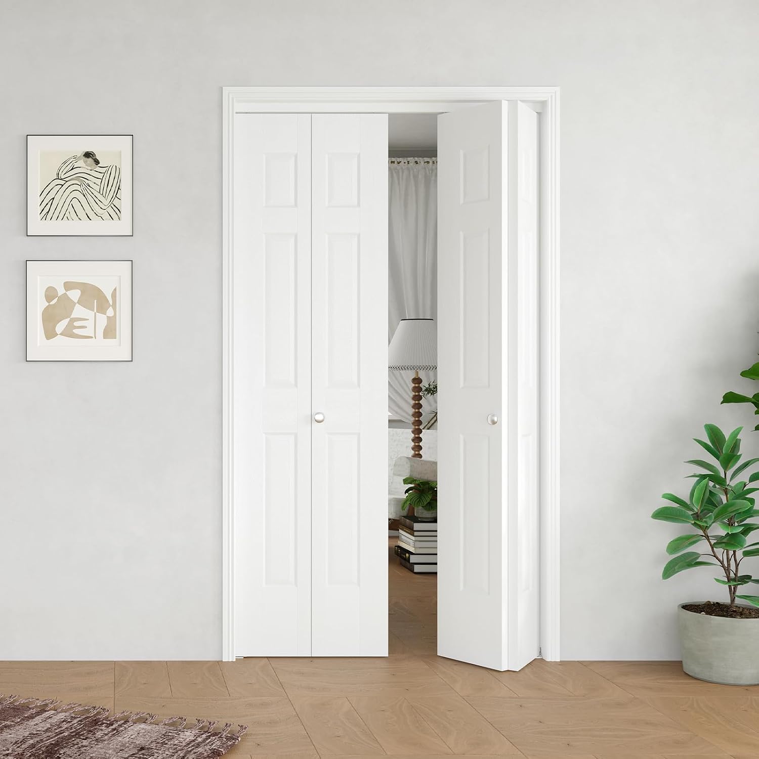 TENONER White MDF Hollow Core 6 Panel Bi-Fold Interior Door for Closet, Pantry, Laundry Room - Space-Saving and Easy-to-Operate