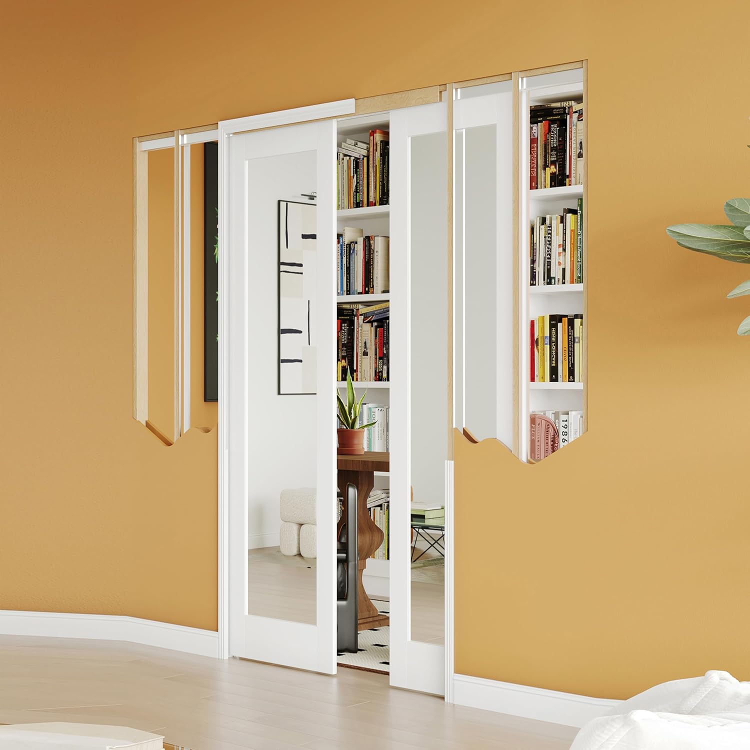 TENONER White Primed Border 1-Lite Mirror Interior Sliding Pocket Door