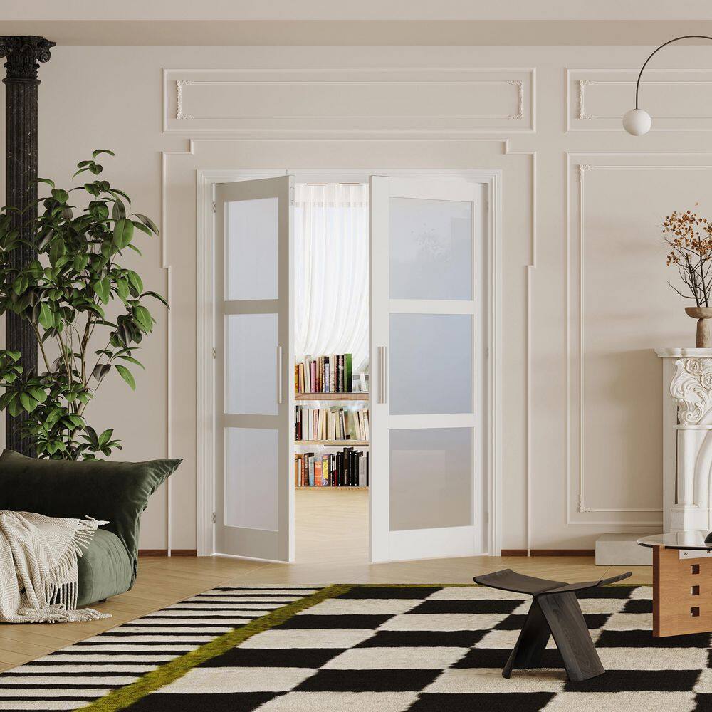TENONER White Primed Finished 3-Lite Frosted Glass Slab / Prehung Interior French Door
