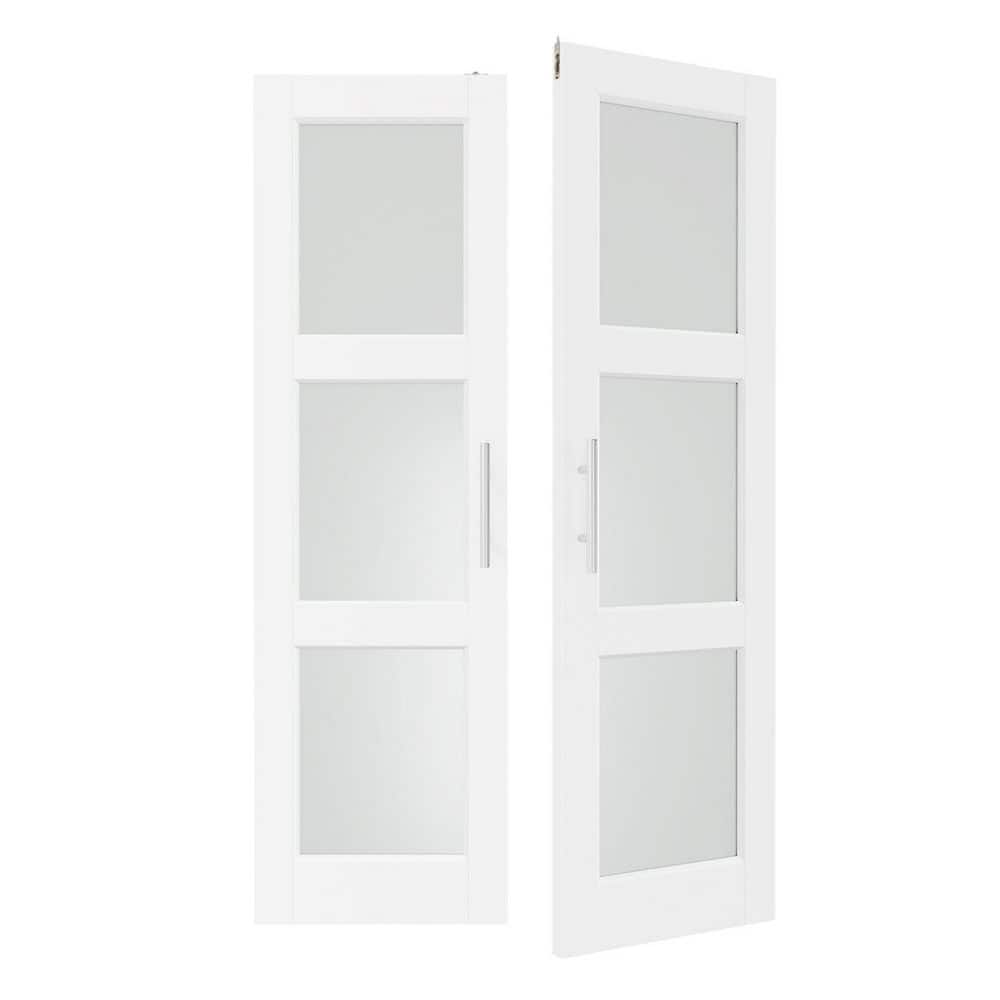 TENONER White Primed Finished 3-Lite Frosted Glass Slab / Prehung Interior French Door
