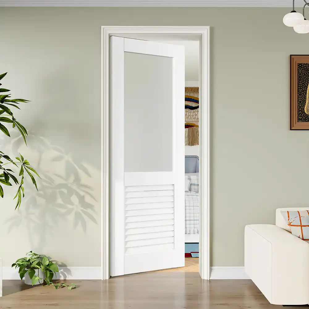 TENONER White Solid Core Frosted Glass Over Louver Interior Slab Door