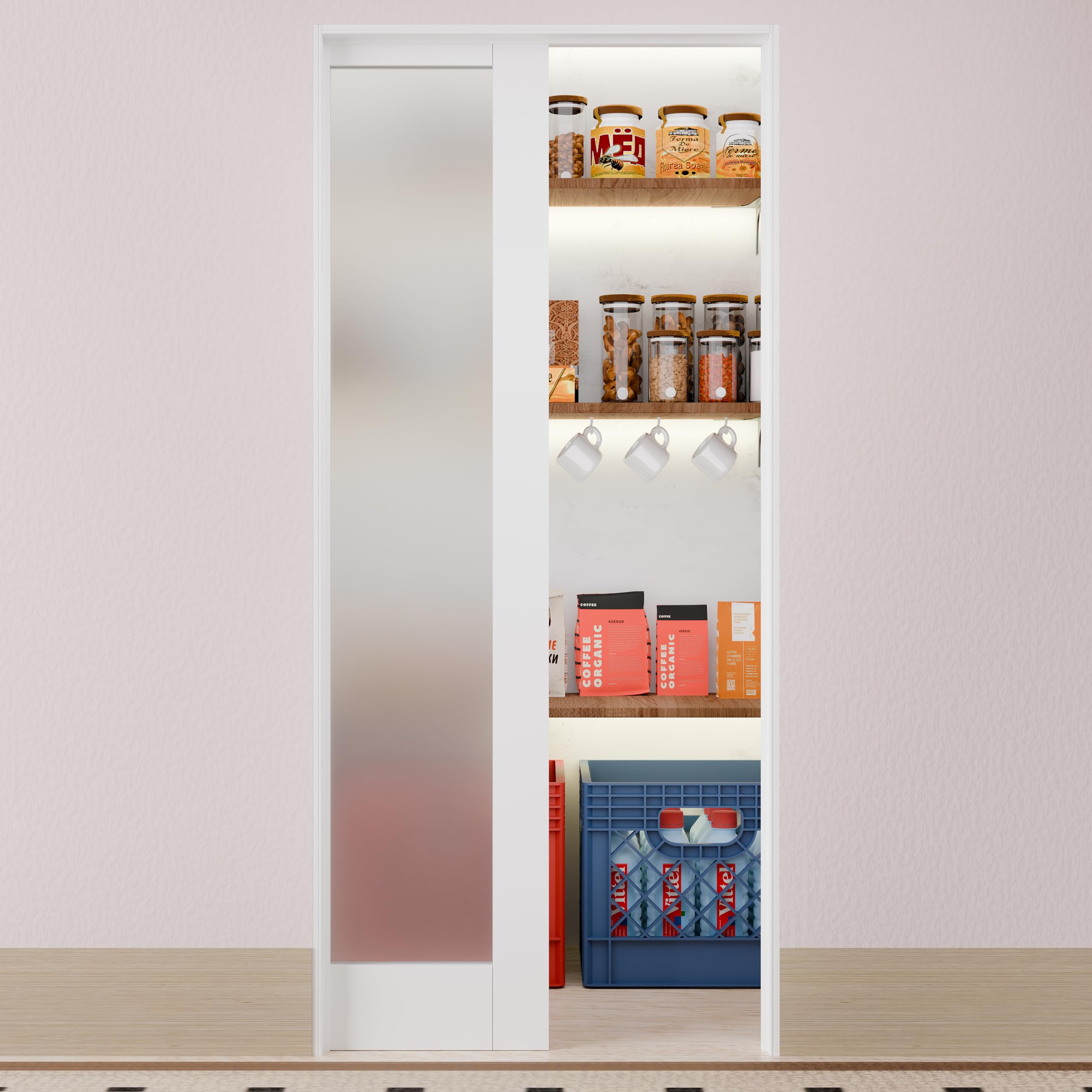 TENONER White Border 1-Lite Frosted Glass Sliding Pocket Door with Hardware