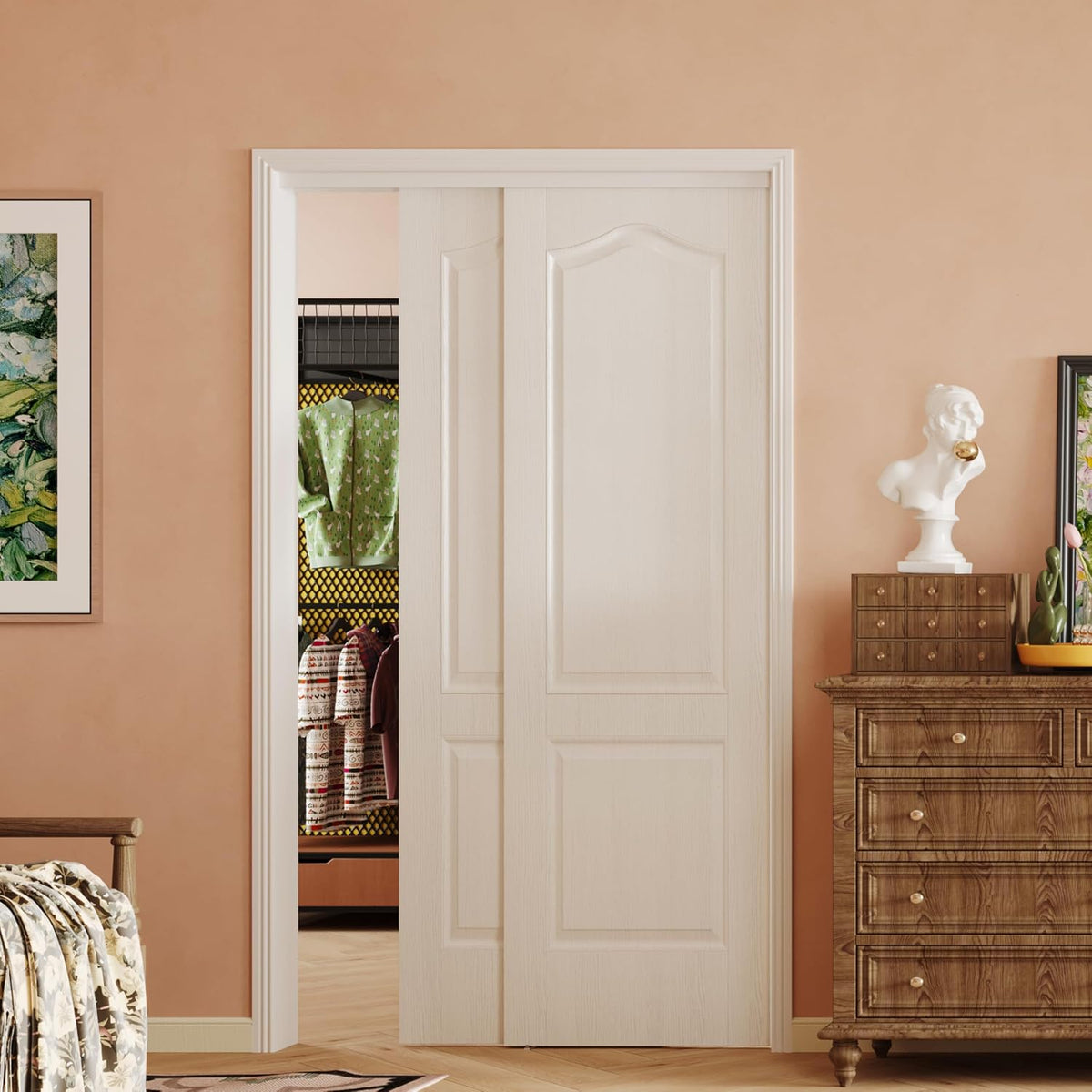 TENONER White MDF 2-Panel Hollow Sliding Closet Door for Bedroom, Pantry - Space-Saving, Smooth and Quiet Operation
