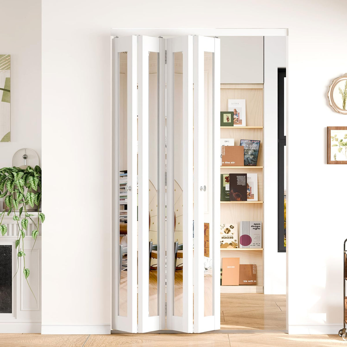 White MDF PVC Covering Full Light Mirrored 4-Panel Bi-Fold Door for Closet, Laundry Room, Bathroom - Space-Saving