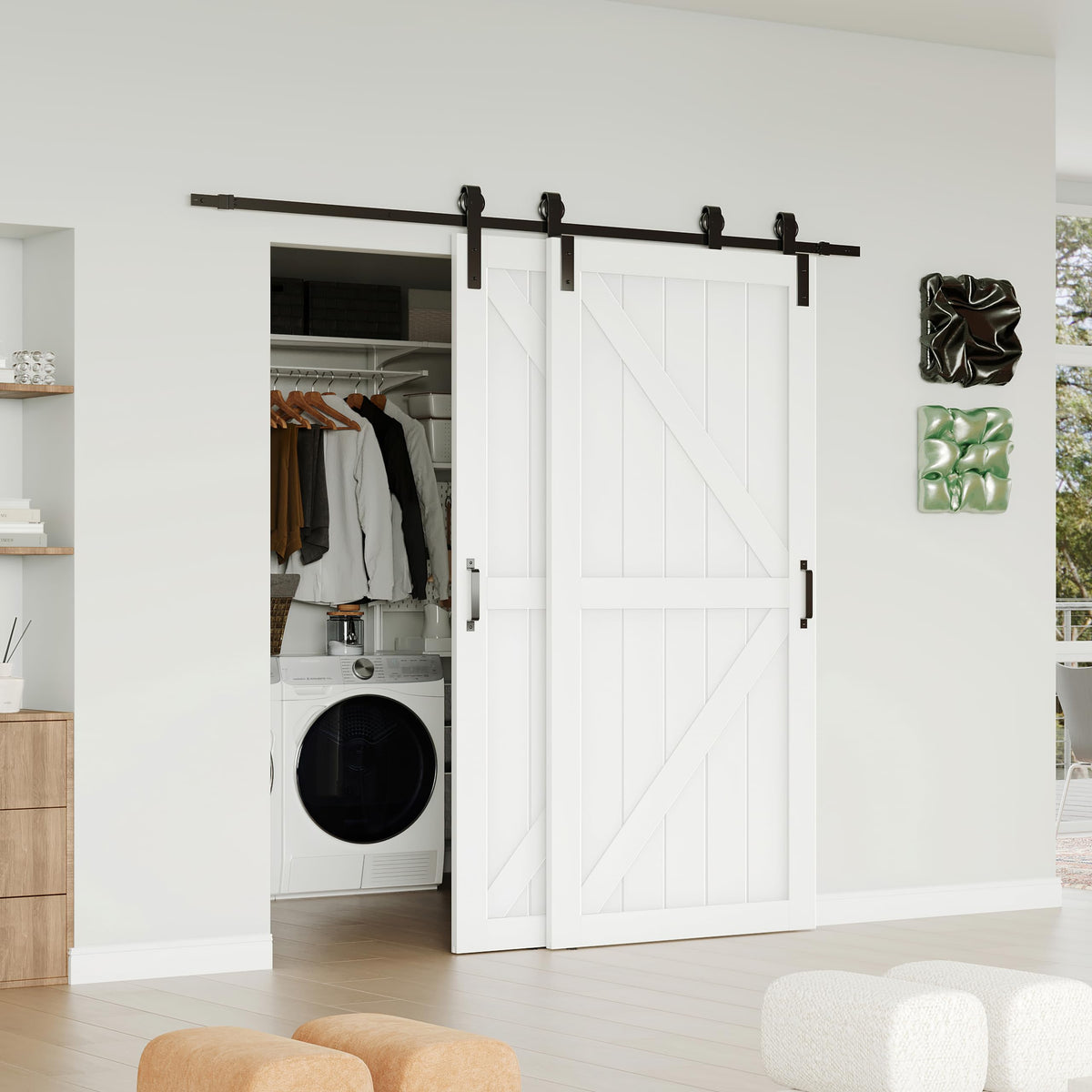 TENONER White Primed K-Shape MDF Panel Sliding Bypass Barn Door
