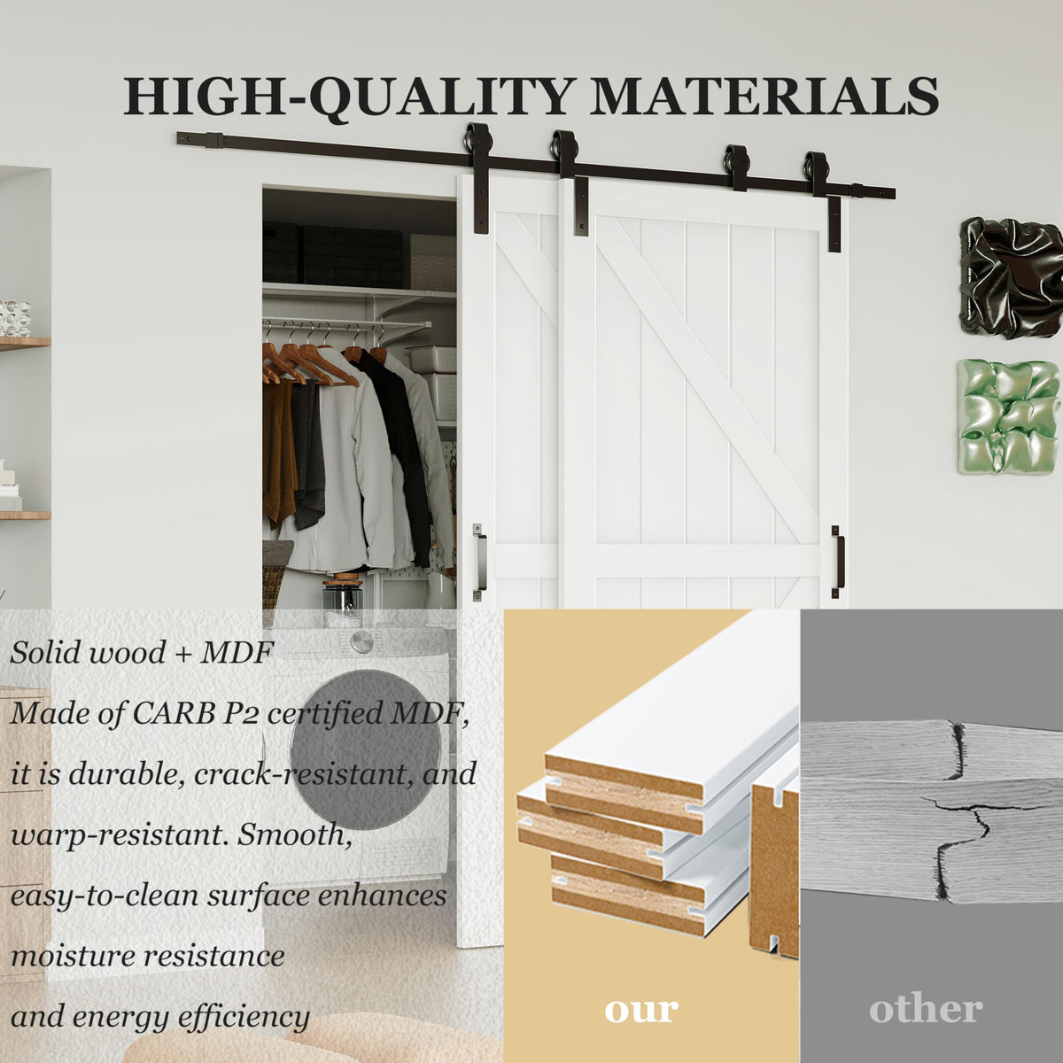 TENONER White Primed K-Shape MDF Panel Sliding Bypass Barn Door