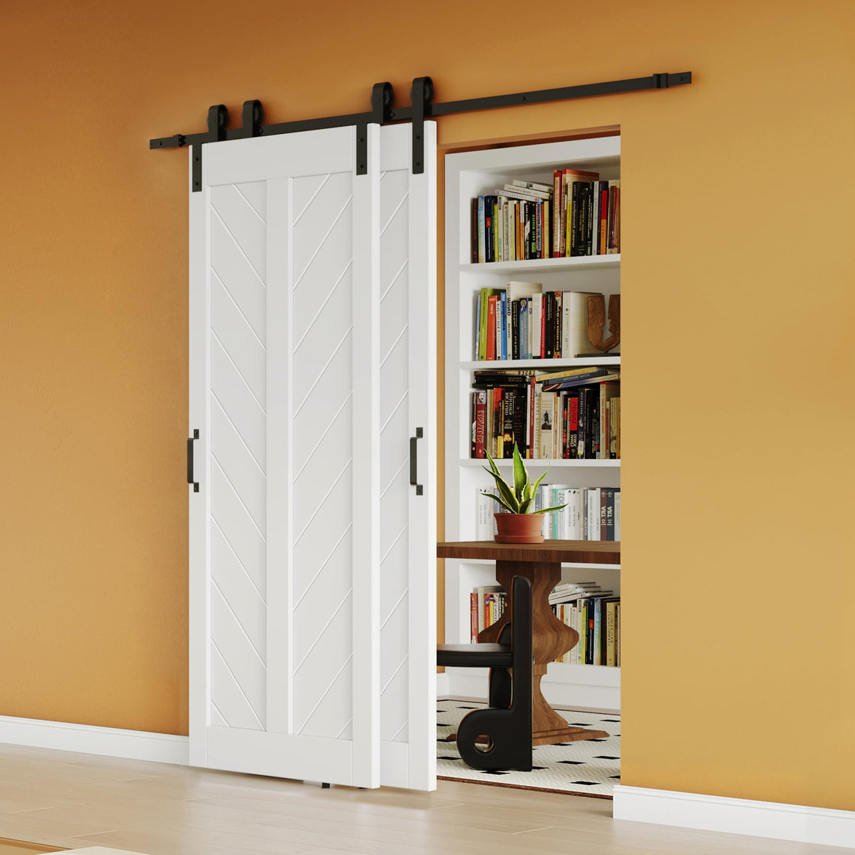 TENONER White Primed V-Shape MDF Panel Sliding Bypass Barn Door