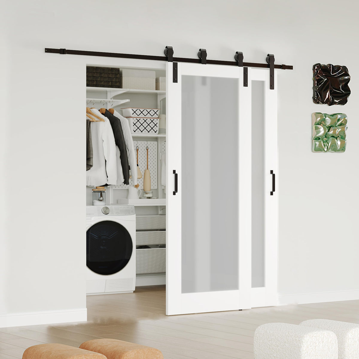 TENONER White 1-Lite Frosted Glass MDF Sliding Bypass Barn Door