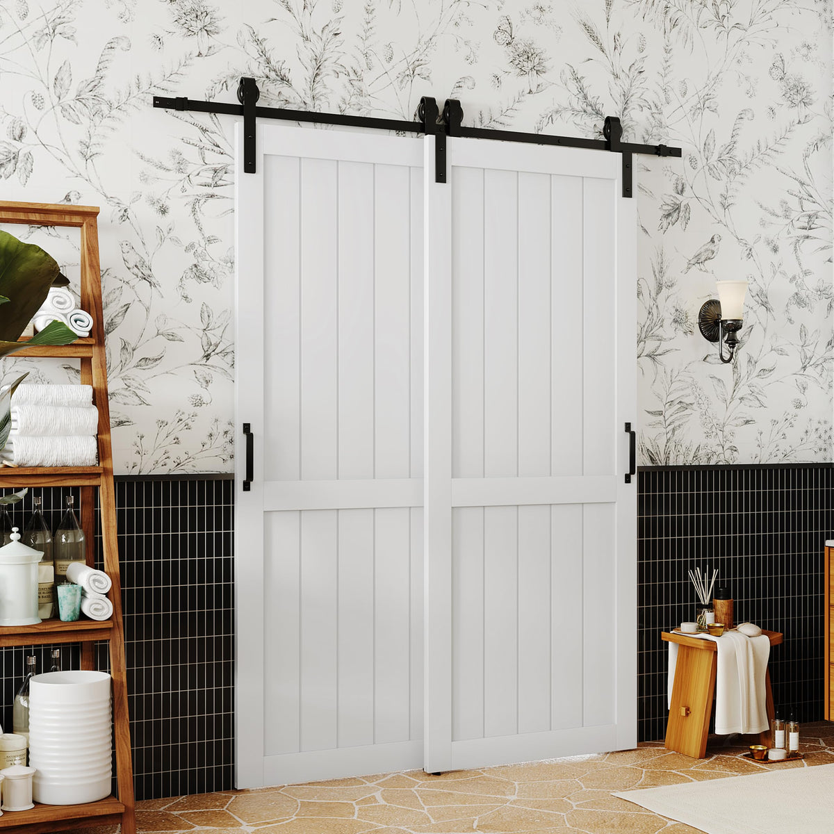 TENONER White Primed H-Frame MDF Panel Sliding Bypass Barn Door
