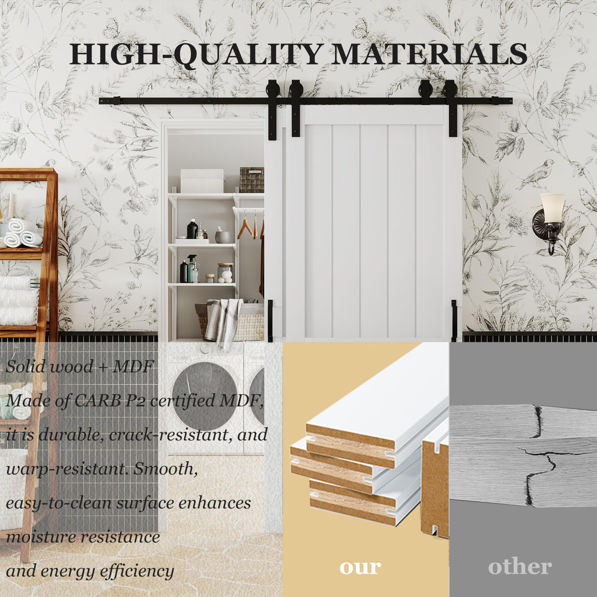 TENONER White Primed H-Frame MDF Panel Sliding Bypass Barn Door