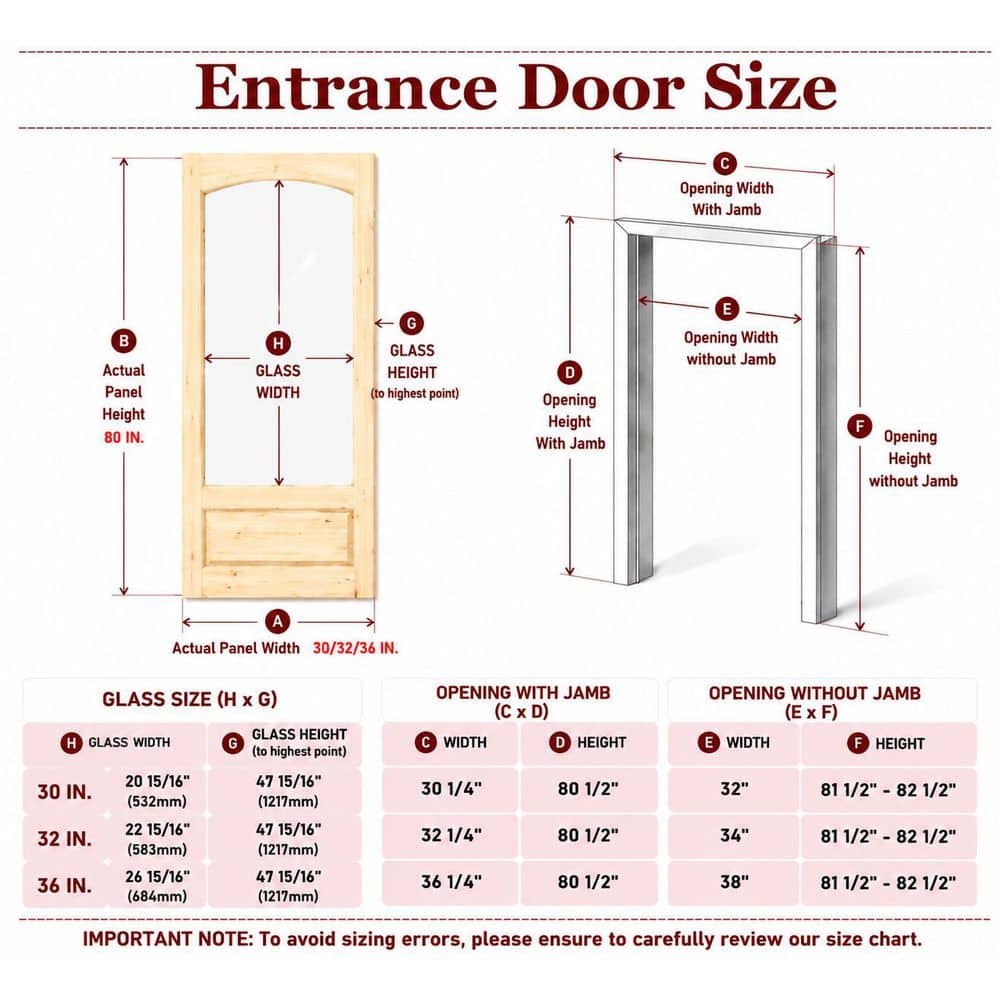 TENONER 1-Light Arched Tempered Clear Glass Pine Wood Exterior Front Doors